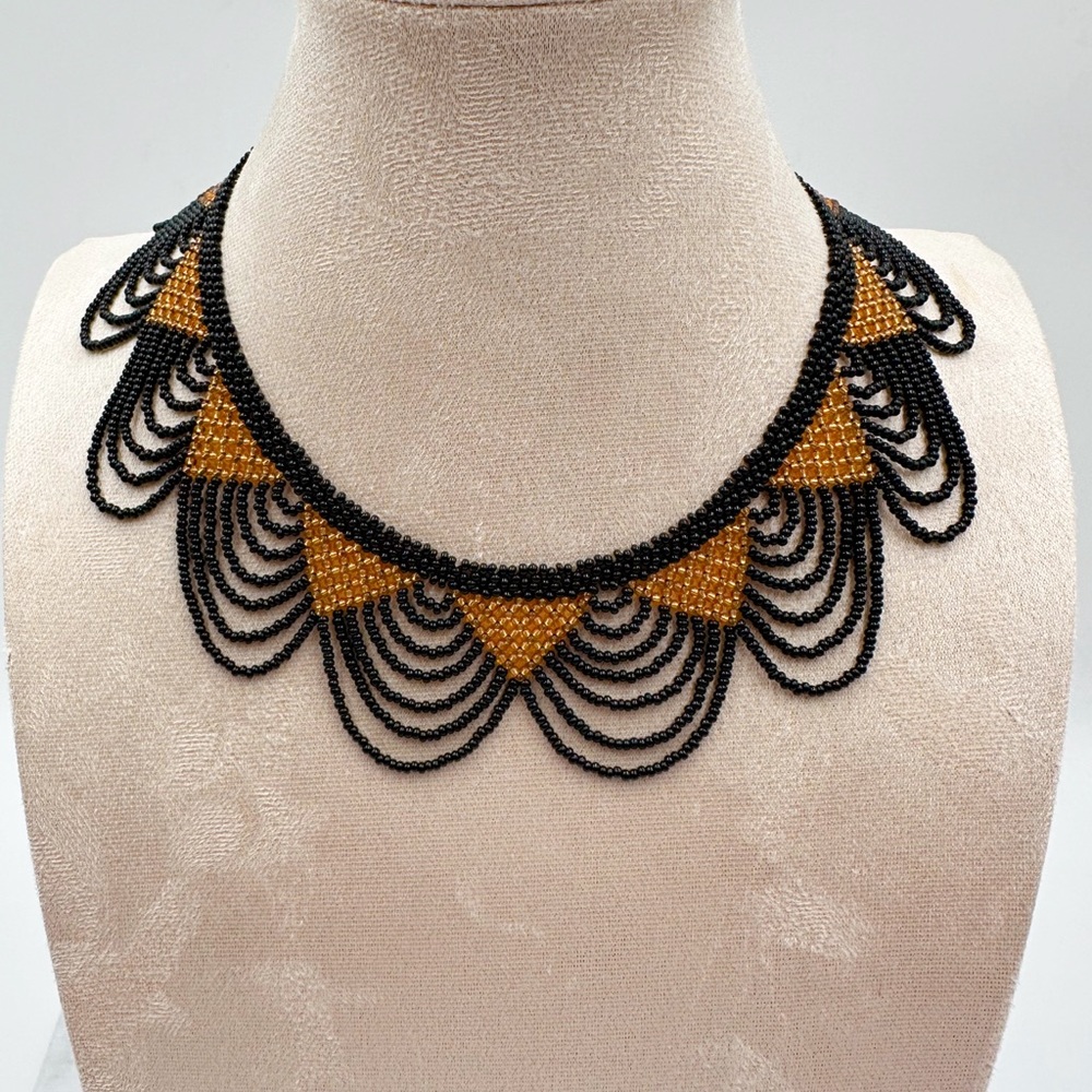 Vintage Black and Gold Glass Seed Bead Collar Choker 14” Necklace